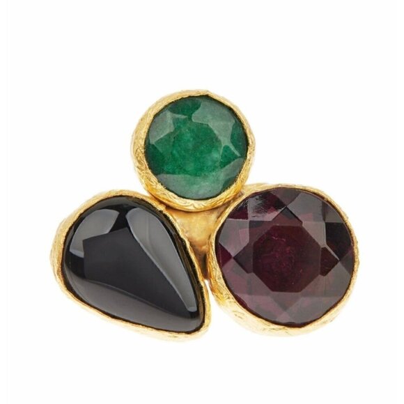 NEW Cocktail Ring 24K Gold Plated Onyx Amethyst Emerald Gem Cluster Adjustable - Picture 3 of 11
